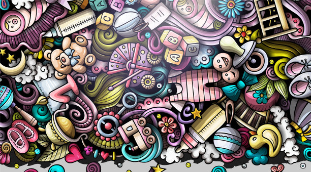 婴儿手画涂鸦横幅。卡通矢量详细传单。图片下载