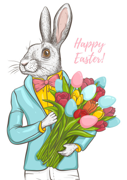 手绘时尚插画的兔子潮人与大花束和鸡蛋。复活节快乐贺卡图片下载