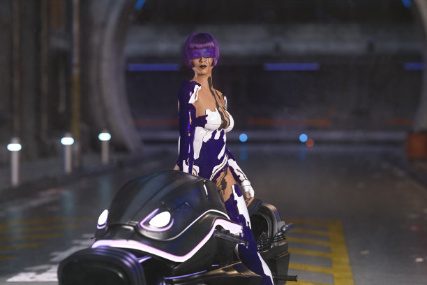 性感的赛博朋克自行车女孩坐在未来的摩托车在黑暗的城市街道在晚上。3 d渲染。图片下载