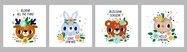 可爱的动物春卡。森林生物的脸上长着美丽的花朵。夏季花头饰。猫头鹰和鹿的嘴。开花结果的季节。熊和兔子。向量斯堪的纳维亚风格的横幅设置图片下载