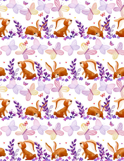 条纹水彩图案与兔子，蝴蝶和小树枝。图片下载