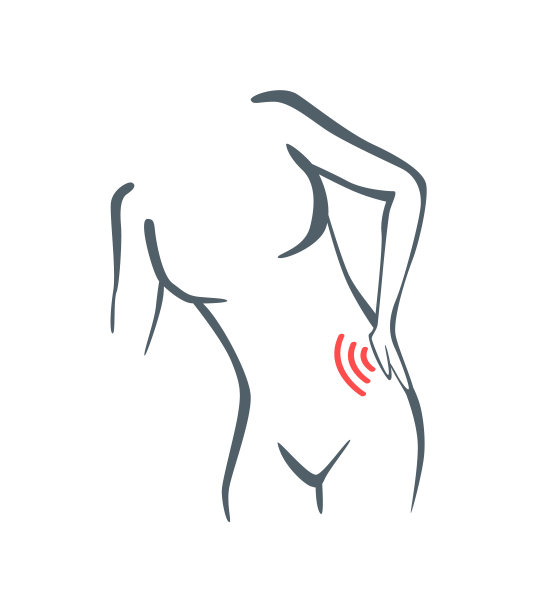身体部位疼痛。女性背部疼痛，有红线。矢量聚焦疼痛或创伤符号，灰色艺术线插图图片下载
