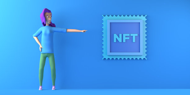 在区块链上的加密艺术画廊里，一名女子指着不可替代的代币NFT。副本的空间。3 d演示。卡通。图片下载