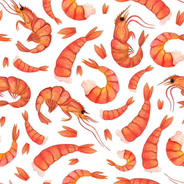 鲜虾水彩无缝图案。手绘插图在白色背景。带壳的海洋动物。生的或煮熟的虾肉，海鲜。背景装饰，菜单设计，印刷，网页图片下载