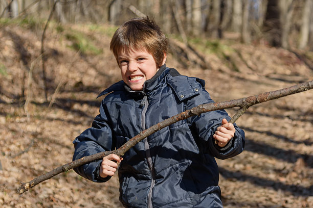 一个男孩正在树林里玩一根木棍图片下载