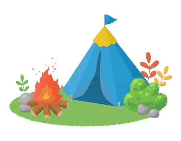 在营地的篝火和帐篷的剪辑艺术，白色背景上的矢量插图图片下载