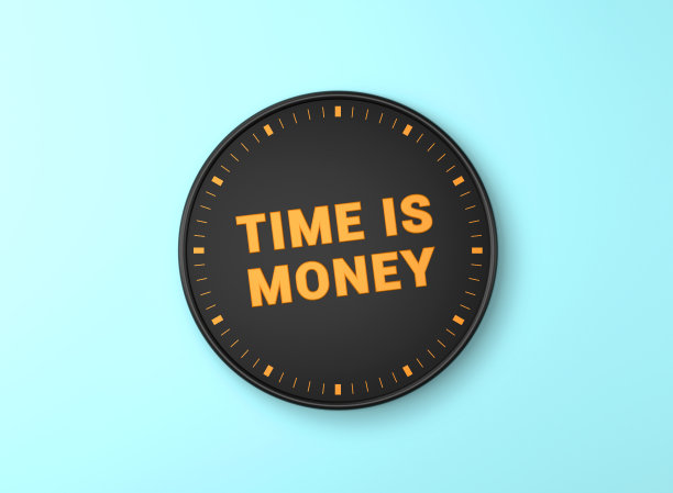 时间就是金钱文字黑色墙上的钟在蓝色的背景图片下载