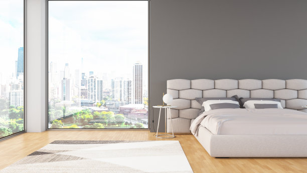 现代卧室与空墙和城市景观图片下载