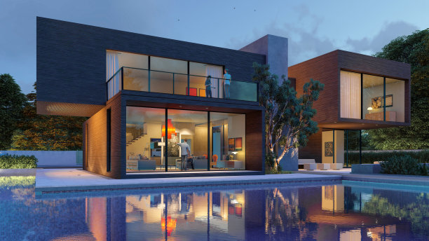 深色木质的现代大别墅，晚上有游泳池和花园图片下载