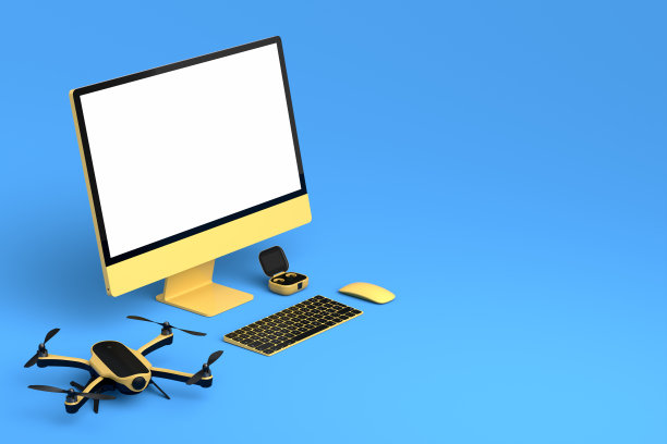 桌面电脑键盘，鼠标，无人机和控制器在蓝色的背景图片下载