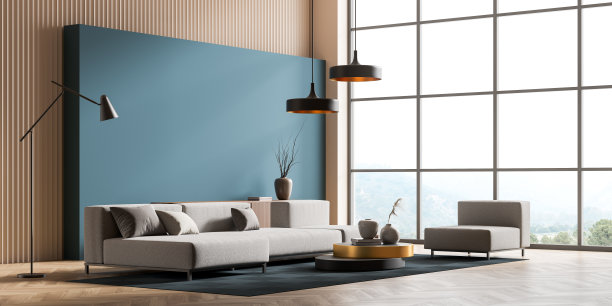 光线充足的等候室内部配有沙发和扶手椅，靠近全景窗图片下载