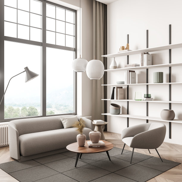 极简主义的放松房间内部，扶手椅和沙发靠近窗户图片下载