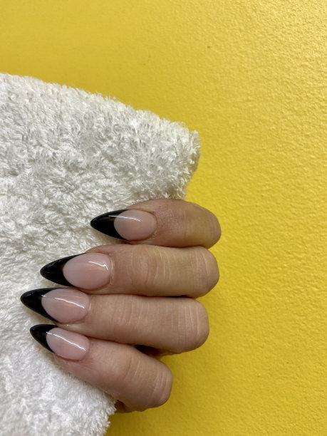 黑色尖法式美甲，爪尖时尚美甲设计，丙烯酸应用指甲艺术图片下载