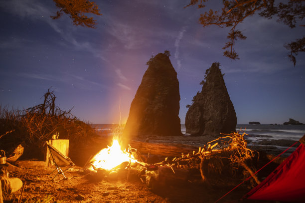 奥林匹克国家公园海岸的露营地，营火在燃烧图片下载