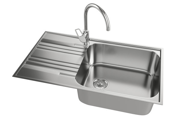 不锈钢厨房水槽与水龙头在白色背景。厨房水槽与水龙头闪亮的俯视图。矩形保温水槽上的厨房水龙头。3 d演示。图片下载