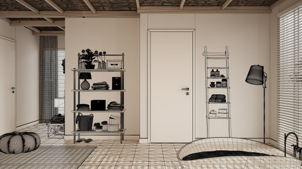 空白色室内与拼花地板，定制建筑设计项目，黑色墨水草图，蓝图显示舒适的木制和平浴室，浴缸，水池，门，室内设计图片下载