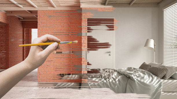 未完成的项目，真正舒适的木制卧室在施工室内，手绘细节，设计理念，木制天花板的可持续公寓，定制家具图片下载