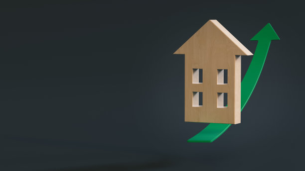 风格化的木屋模型滑上一个绿色箭头指向一个黑色的背景与文字或标志的空间。3 d渲染。不断上涨的房价图片下载