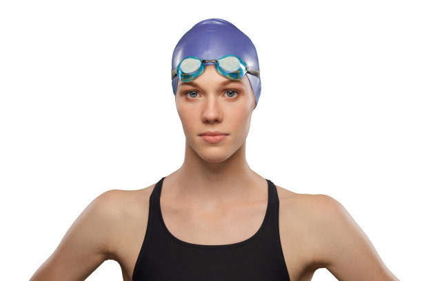 女游泳运动员，戴游泳帽和护目镜。头像照片图片下载