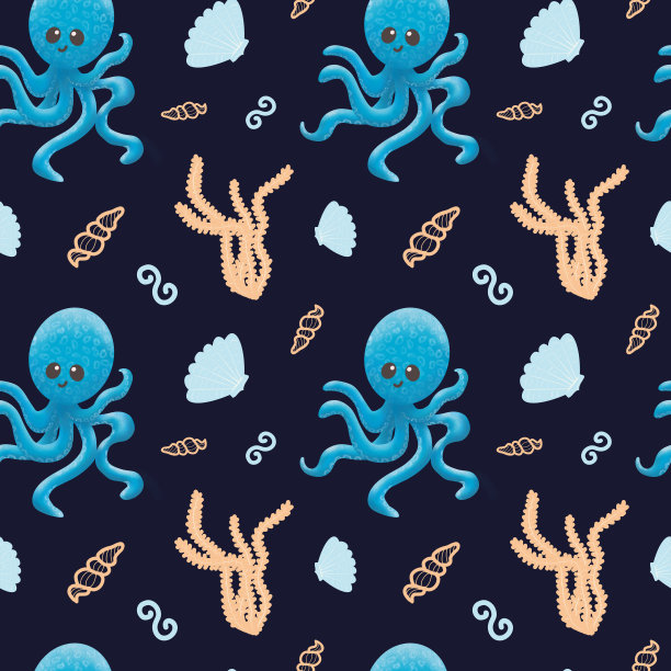 无缝图案与章鱼和贝壳。海藻。图解说明。图案是一个可爱的章鱼带着微笑。为儿童设计的衣服、笔记本。蓝色背景。图片下载