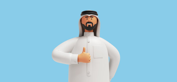 3d渲染，卡通人物阿拉伯人，留着胡子，穿着传统的白色衣服，竖起大拇指的手势。商业剪贴画孤立在浅蓝色背景图片下载