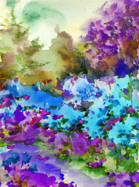 水彩彩色明亮纹理抽象背景手工制作。景观。基辅植物园的绘画图片下载