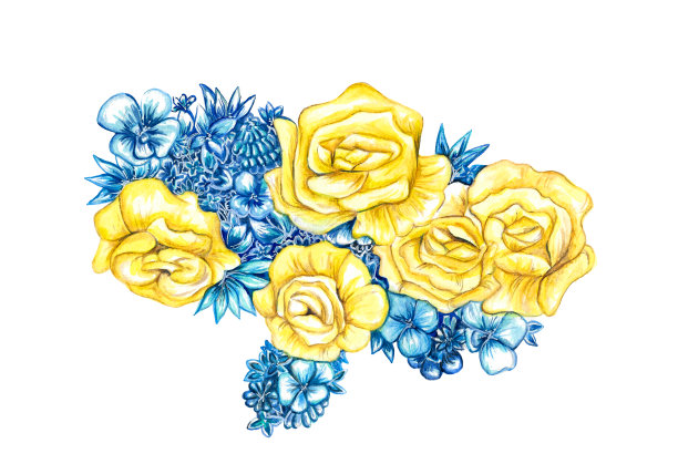 乌克兰地图的水彩插图在黄色和蓝色的花图片下载