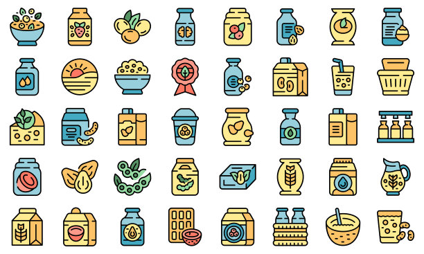 蔬菜牛奶图标设置矢量平坦图片下载