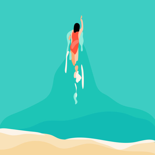 夏天，一个女人在海边悠闲地游泳。图片下载