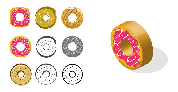 甜甜圈矢量平面艺术和甜甜圈设定线轮廓涂鸦画孤立的卡通图标，绘制甜玻璃沙漠顶部视图图形现代在白色背景上，洒糕点糖果食品图片下载