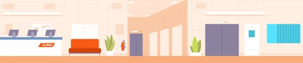 医院大厅内部。诊所走廊内部，空走廊医疗接待室，医生办公室门，柜台工作场所紧急医疗保健，精彩的矢量插图图片下载