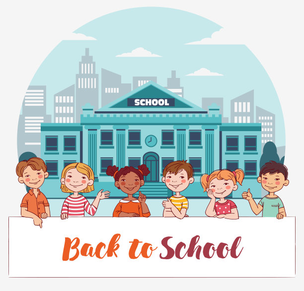 回到学校向量的概念。快乐的男孩女孩们拿着白旗。多民族群体快乐儿童股票插图图片下载