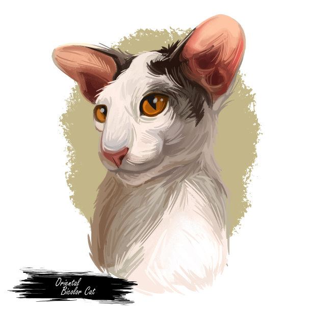 东方双色猫东方型，短毛品种。手绘kitty的数字艺术插图。小猫品种的家养宠物。黑白两色外套，t恤印花图片下载