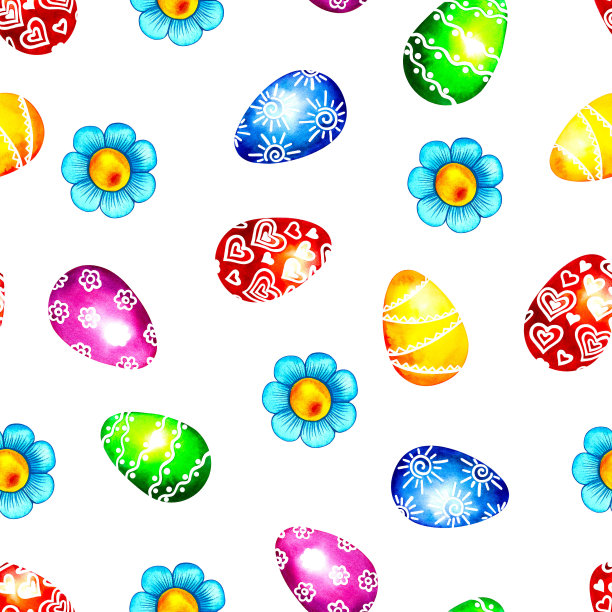 复活节彩色背景。鸡蛋和花的无缝图案。图片下载