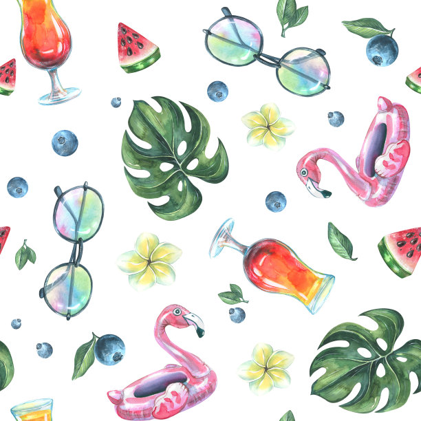 在一个海滩酒吧的主题上的一个图案的水彩插图。图片下载