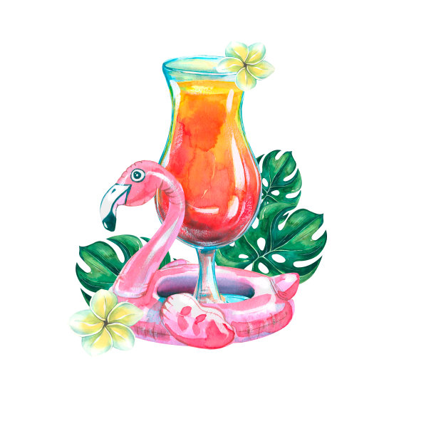 一个沙滩酒吧主题的水彩画构图。图片下载