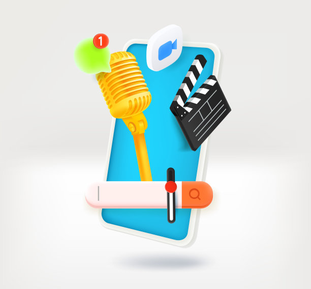 制作移动多媒体项目概念与拍手，麦克风，音量标签，聊天云和相机图标。3 d矢量图图片下载