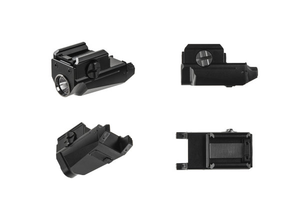 特殊武器手电筒与mount。现代金属LED黑色手电筒。便携式手电筒隔离在白色背景上。图片下载