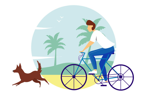 一个年轻人和狗在沙滩上骑自行车。夏天的插图。积极的生活方式的概念。图片下载