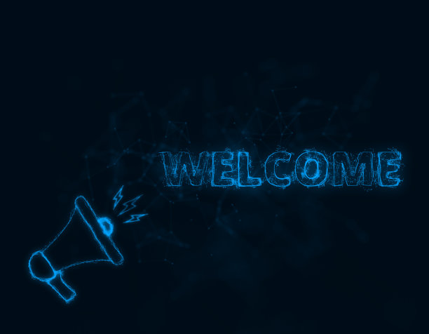 扩音器横幅与文字欢迎。丛状的蓝色发光点和线。抽象的说明图片下载