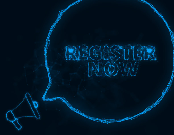 扩音器横幅与语音气泡和文本注册现在。丛状的蓝色发光点和线。抽象的说明图片下载