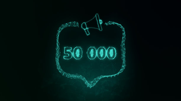 扩音器横幅，语音泡泡和50000个号码。50 k,追随者。丛状风格的绿色发光点和线。抽象的说明图片下载