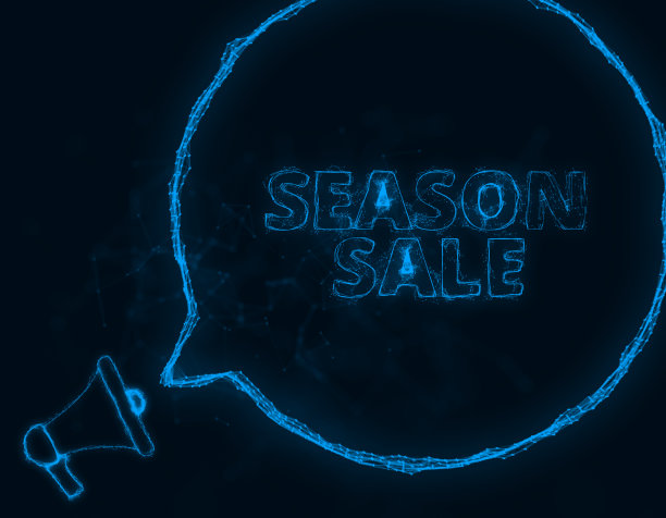 扩音器横幅与演讲气泡和文字季节销售。丛状的蓝色发光点和线。抽象的说明图片下载