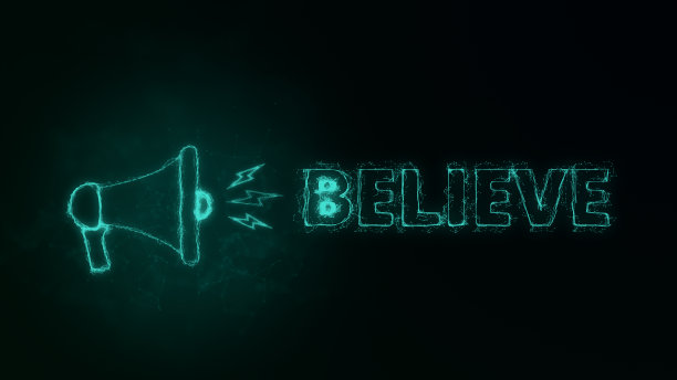 扩音器横幅与文字相信。丛状风格的绿色发光点和线。抽象的说明图片下载