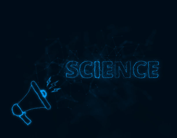 带文字科学的扩音器横幅。丛状的蓝色发光点和线。抽象的说明图片下载