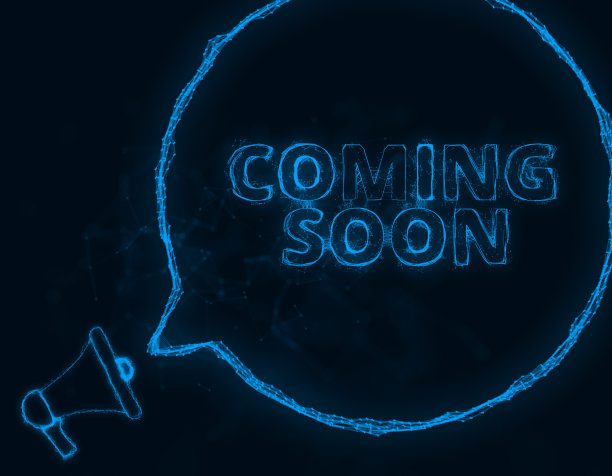 扩音器横幅与讲话气泡和文本即将到来。丛状的蓝色发光点和线。抽象的说明图片下载