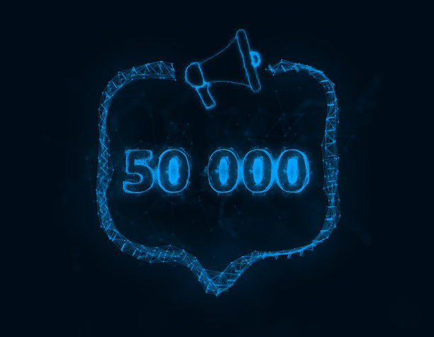 扩音器横幅，语音泡泡和50000个号码。50 k,追随者。丛状的蓝色发光点和线。抽象的说明图片下载