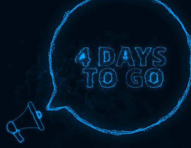 扩音器横幅与讲话气泡和文本4天去。丛状的蓝色发光点和线。抽象的说明图片下载