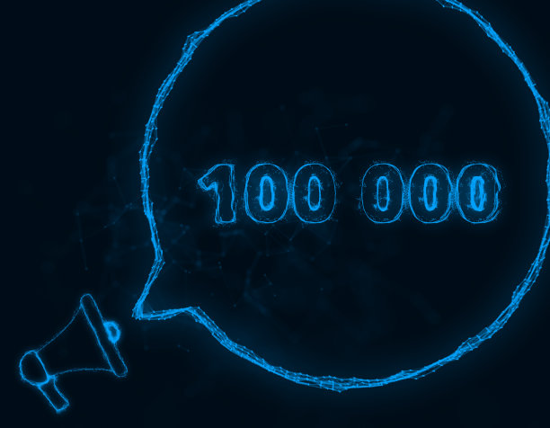 带有讲话泡泡的扩音器横幅和100000个号码。100 k喜欢,追随者。丛状的蓝色发光点和线。抽象的说明图片下载