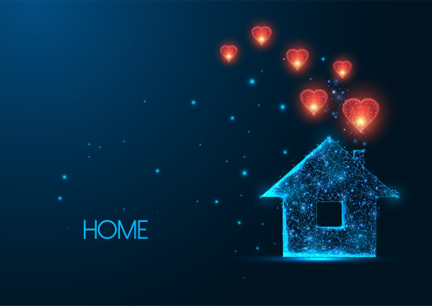 未来家居温馨的概念与发光的低多边形房子图标和红心孤立在深蓝色上图片下载